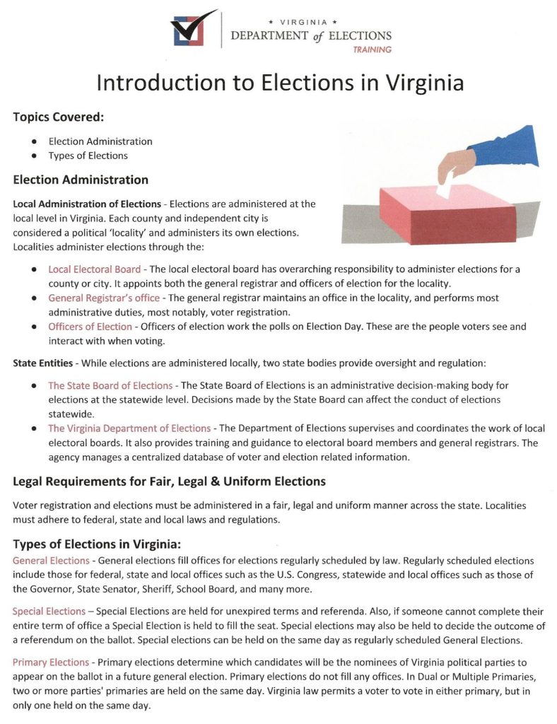Introduction to Elections in Virginia Prince William Fauquier Area